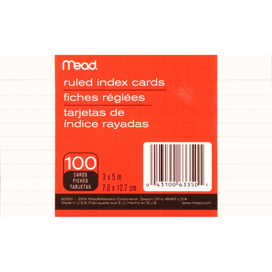 Mead Index Card White 3x5in 100Ct Bulk Ruled