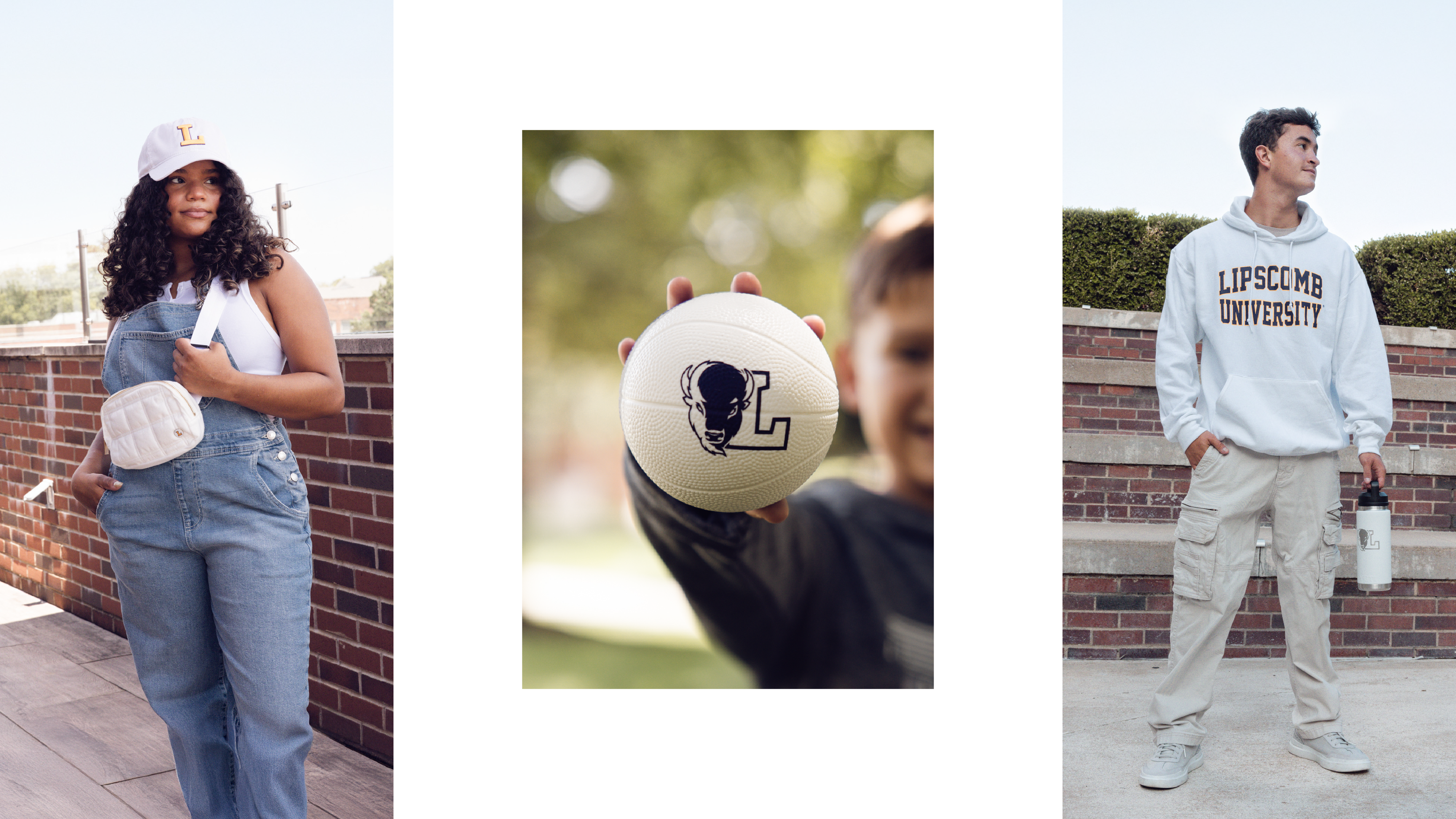 Three images showing a person in a denim outfit, holding a ball with a Lipscomb llogo, and wearing a hoodie with 'Lipscomb University' text.